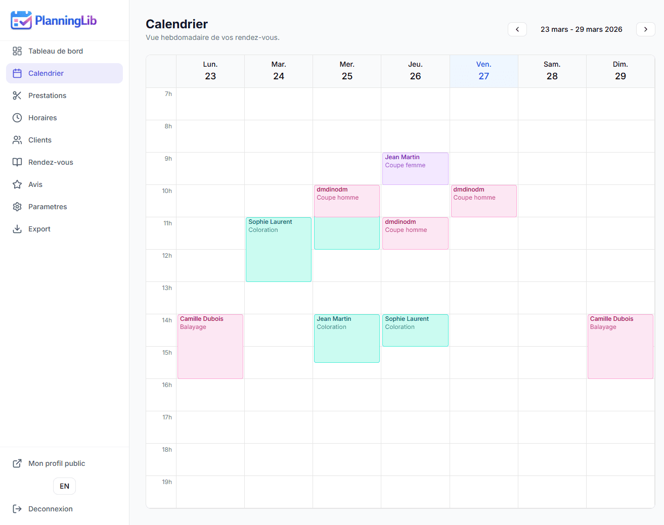 Calendrier hebdomadaire PlanningLib