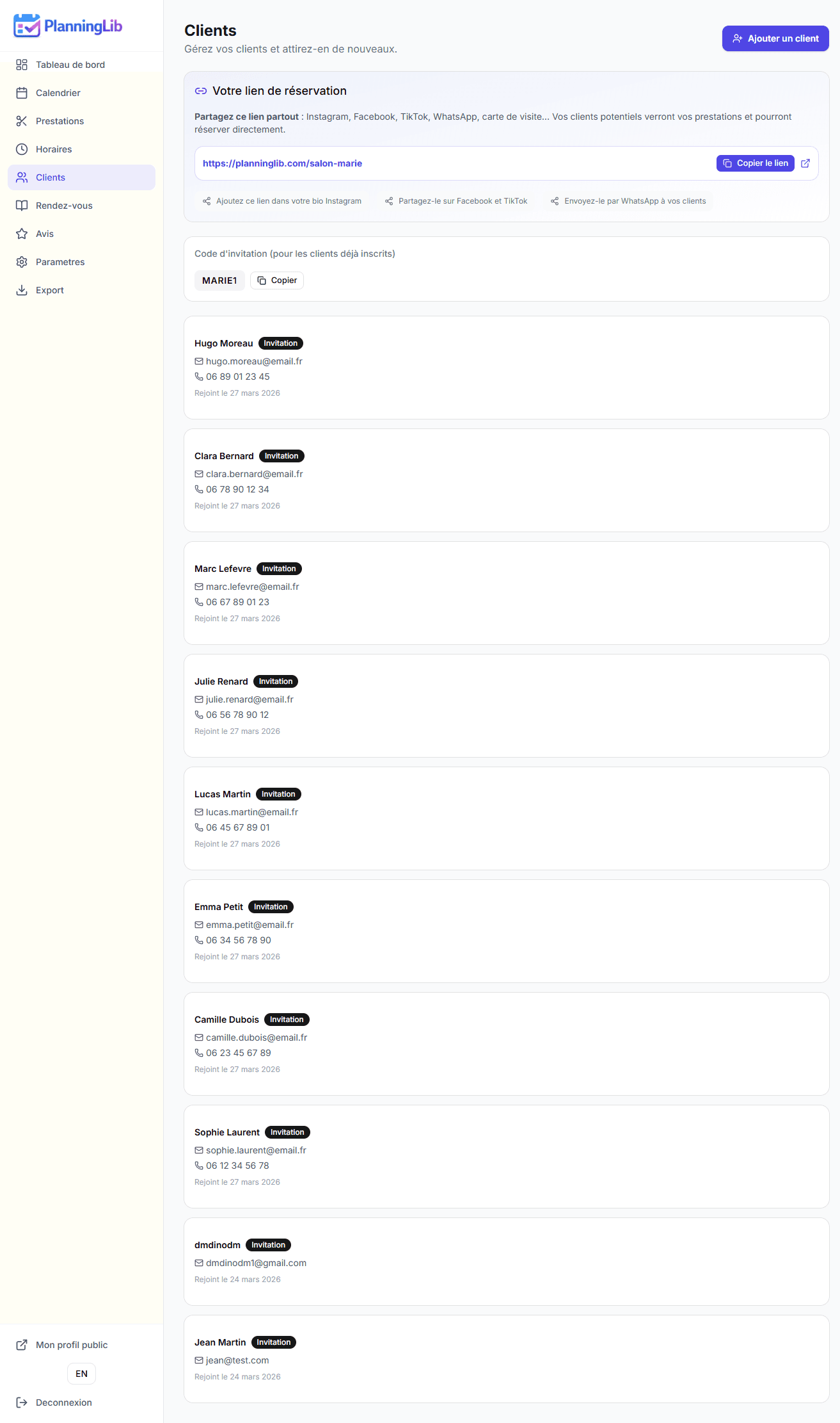 Liste des clients PlanningLib